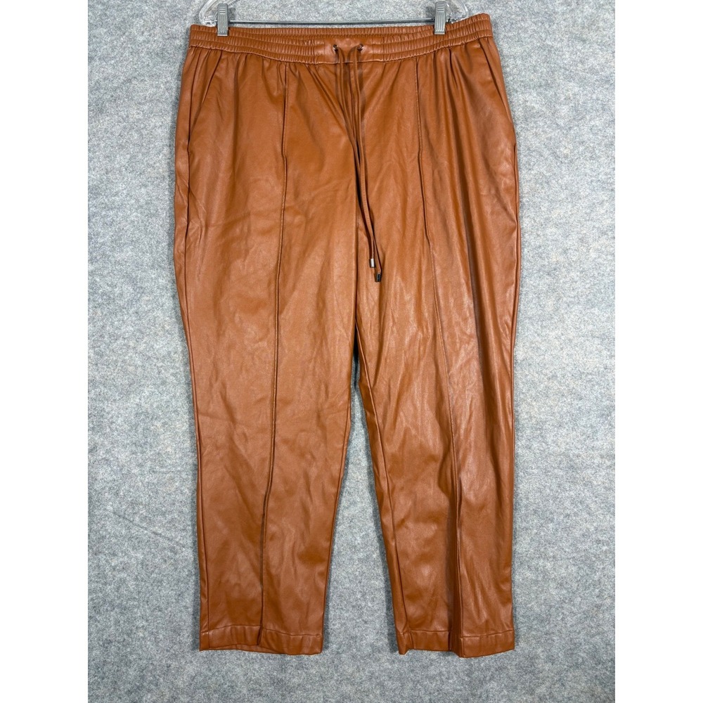 Nine West Womens Faux Leather Jogger Pants Brown Elastic Waist Drawstring XL
